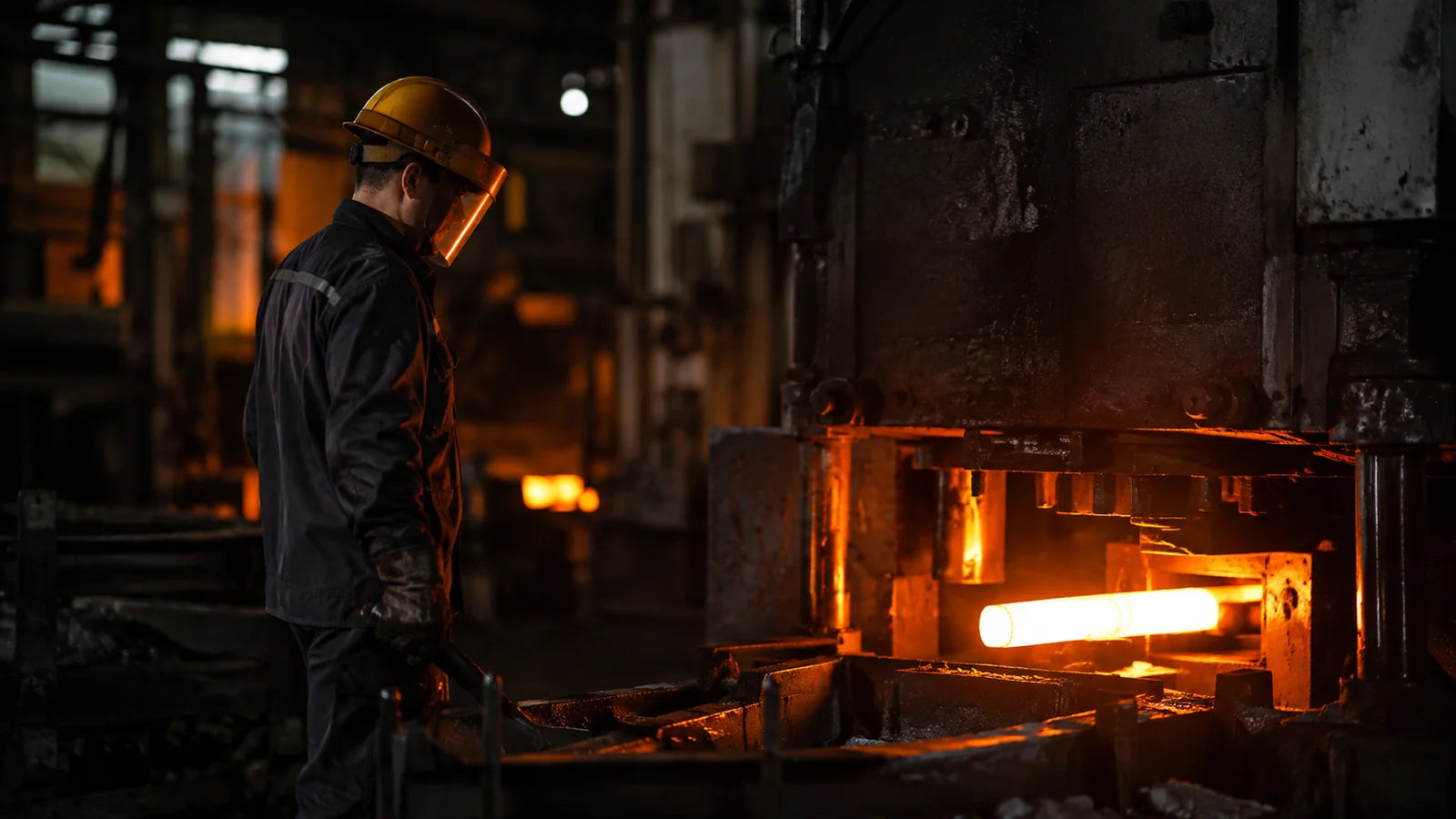 Hot steel billet entering a forging press