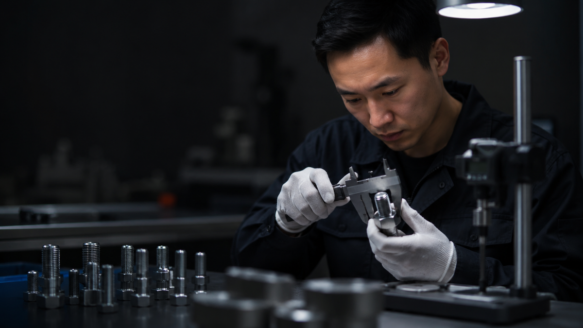 Inspector measuring a fastener with a caliper against the specification