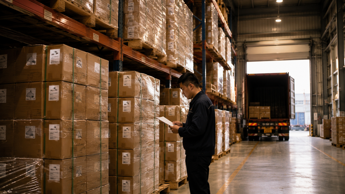 Export cartons checked and palletized for container loading