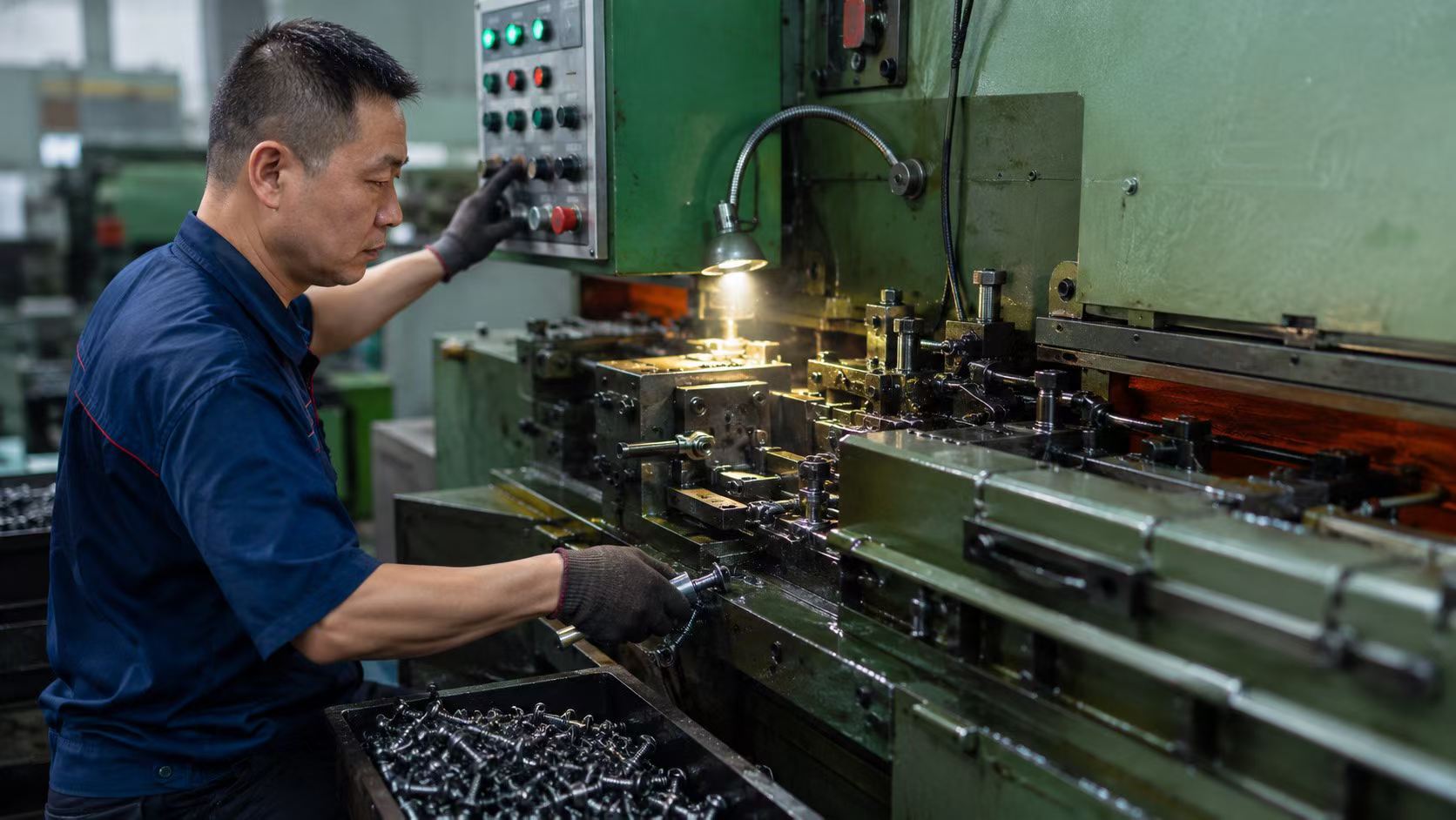 Cold heading machine forming fasteners on the production floor