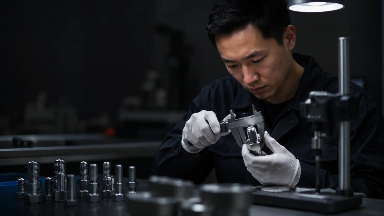 Inspector measuring a threaded fastener selected for sampling
