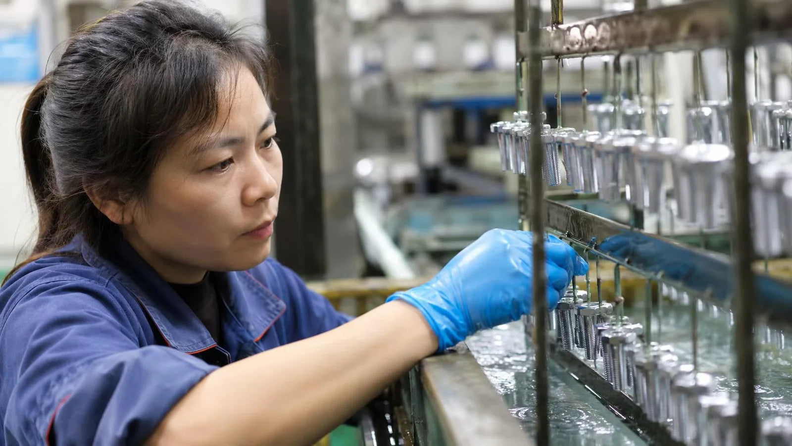 Operator checking plated fasteners on a surface-treatment rack